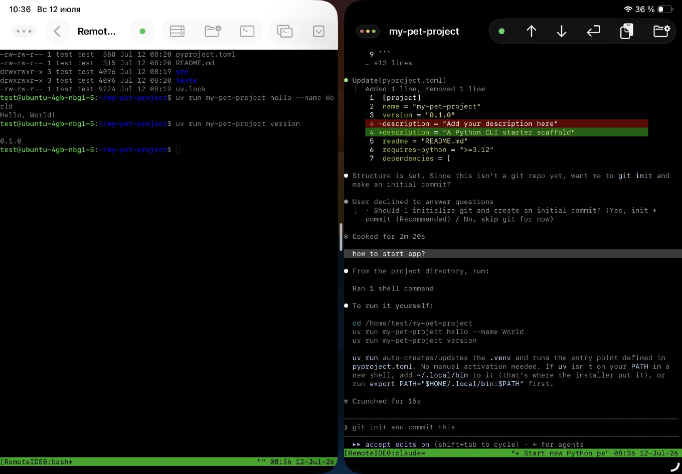 Two Stage Manager windows side by side: a bash console on the left and a tmux window with the CLI agent on the right