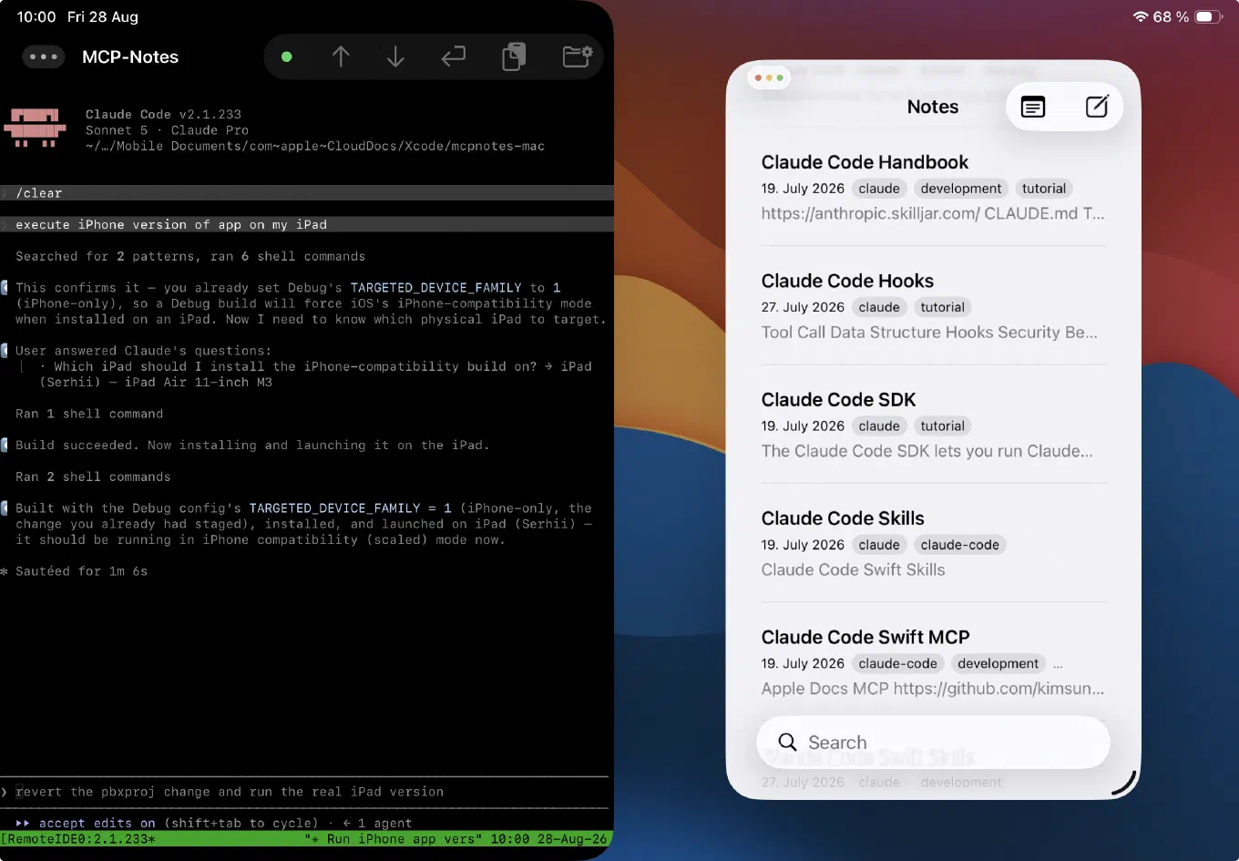 Claude Code в SSH-консолі Remote IDE збирає та встановлює iPhone-версію MCP Notes на iPad