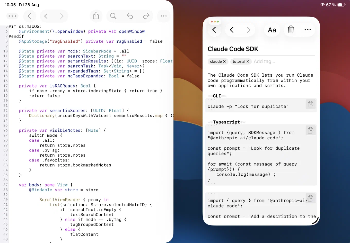 Редактор Remote IDE з відкритим SidebarView.swift на віддаленій файловій системі Mac