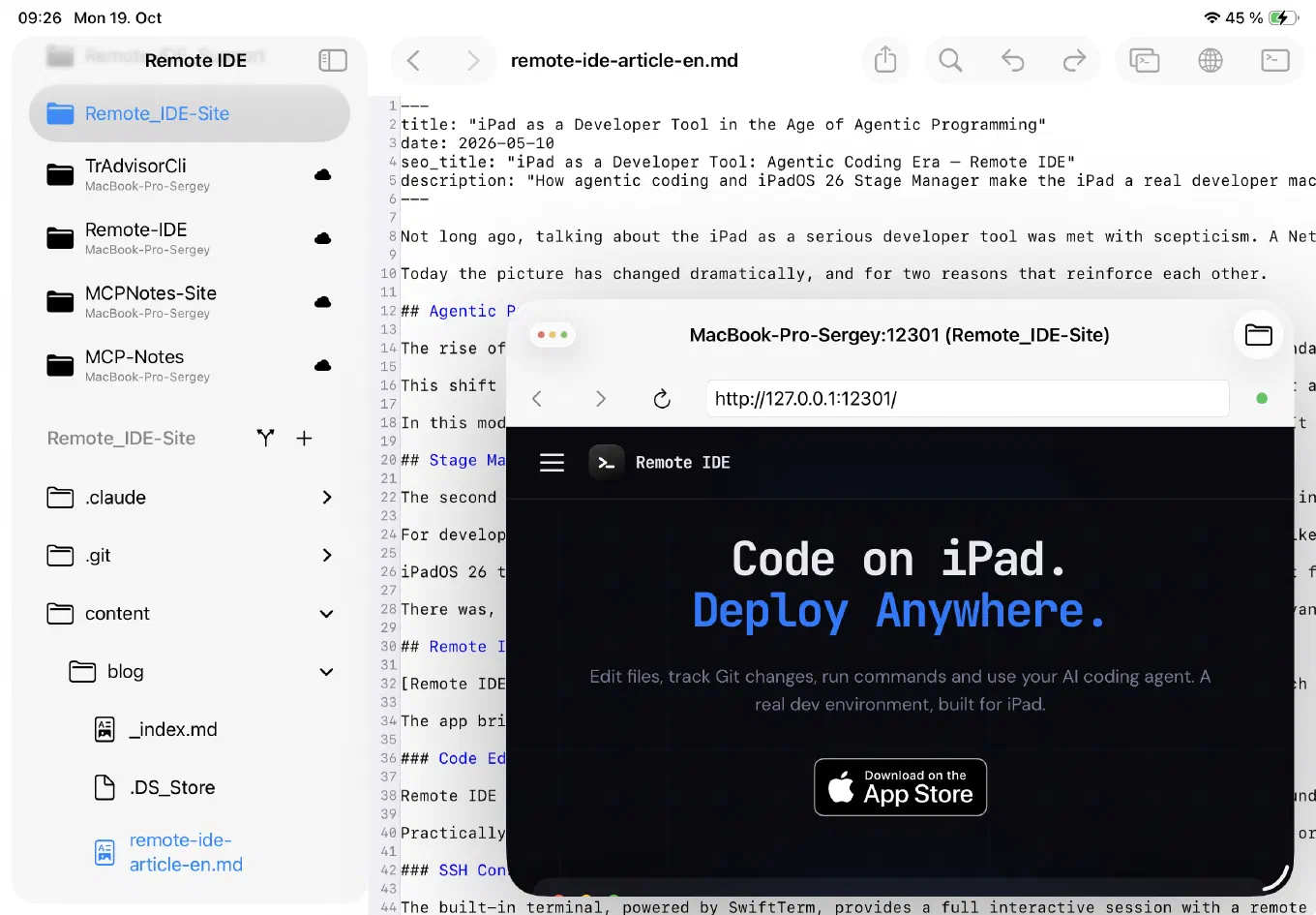Remote IDE’s built-in browser open at http://127.0.0.1:12301/ - a live preview of the built Hugo site