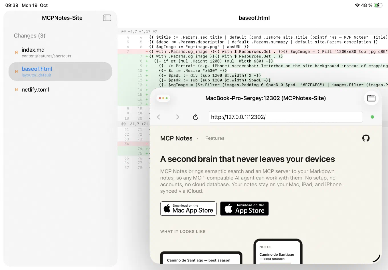 Git status panel showing a diff for baseof.html, with a browser window showing the live preview floating on top