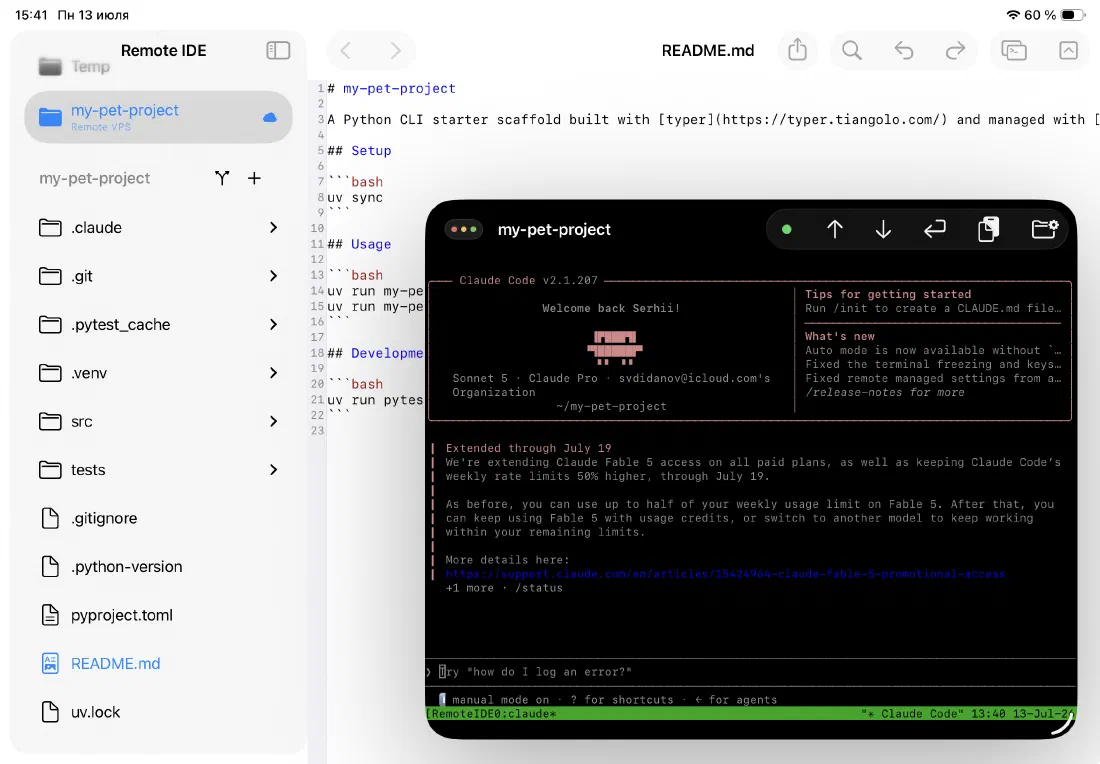 Remote IDE editor window next to a dedicated Claude Code agent window running in the SSH terminal