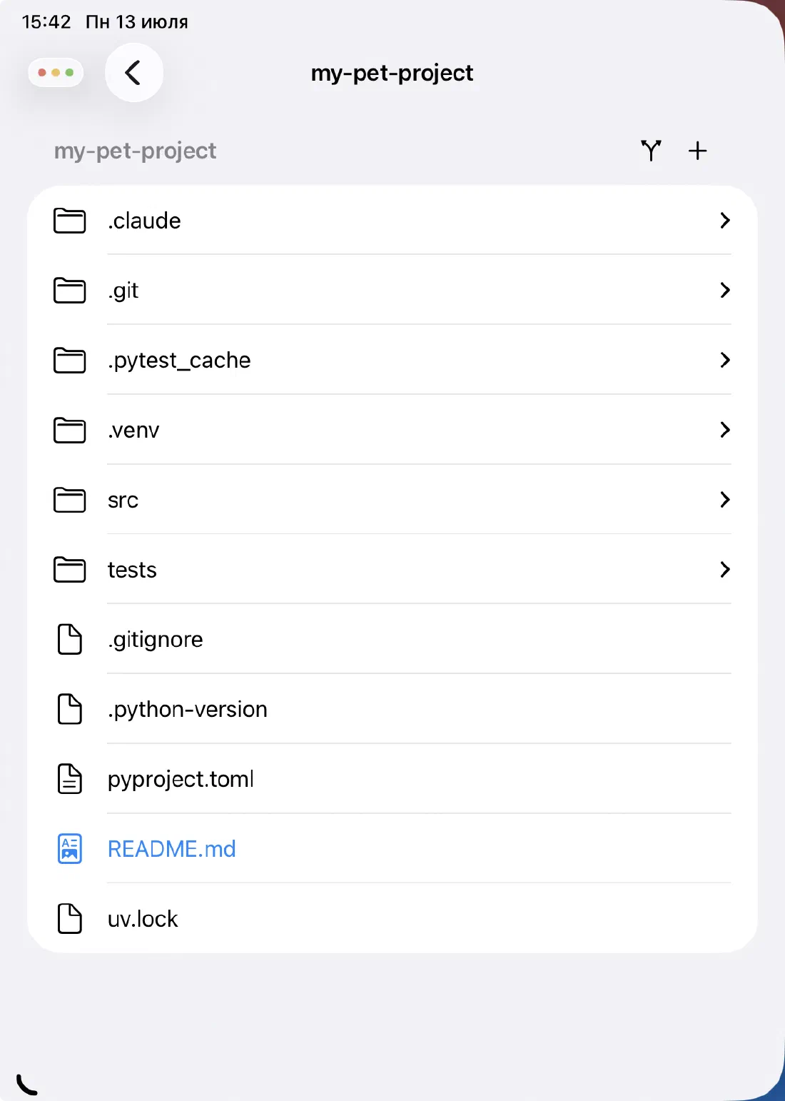 Compact file tree view showing a project's files and folders with a back button to return to the projects list