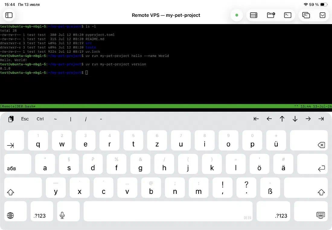 SSH terminal with the custom keyboard toolbar showing Esc, Ctrl, and navigation arrow keys above the software keyboard