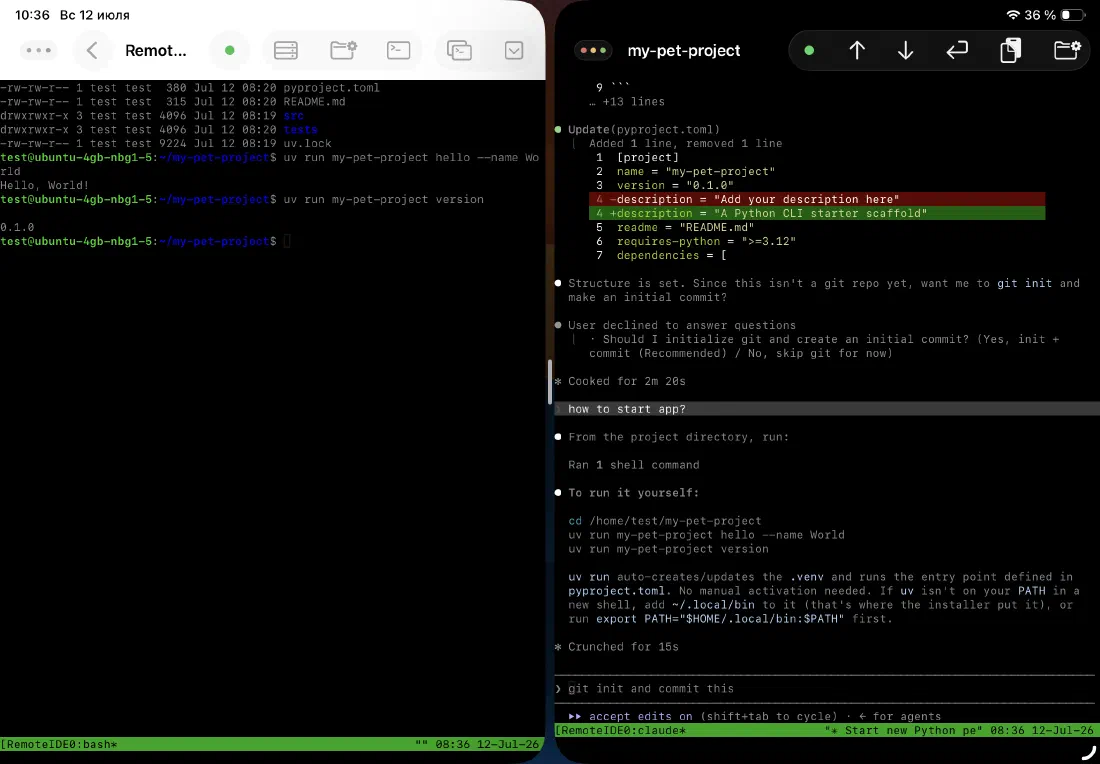 SSH console window side by side with a dedicated Claude Code agent window in Split View