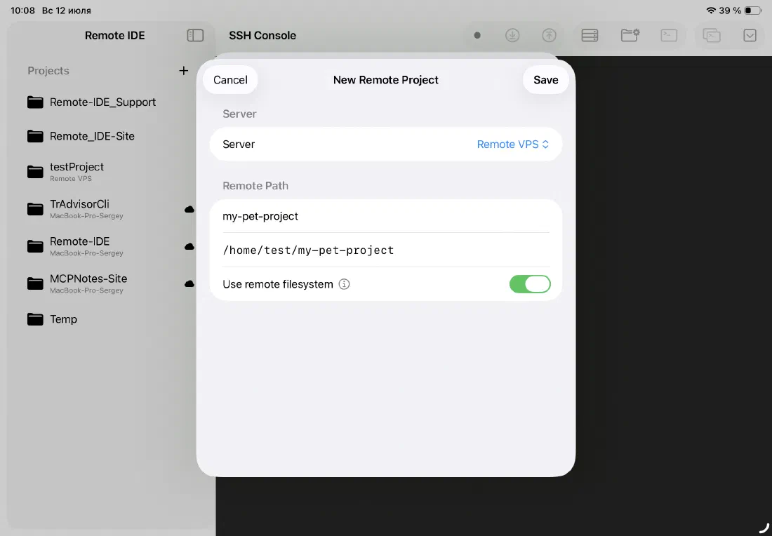 New Remote Project dialog with the Use remote filesystem toggle switched on