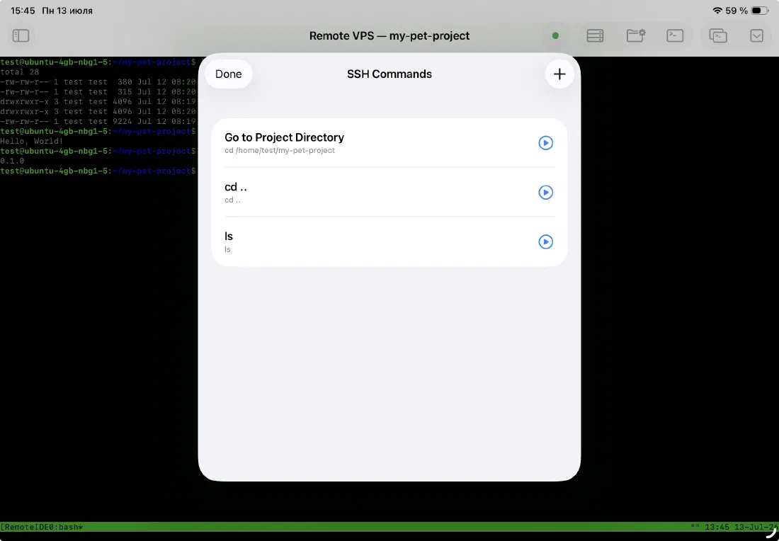 SSH Commands sheet listing saved commands, each with a one-tap run button