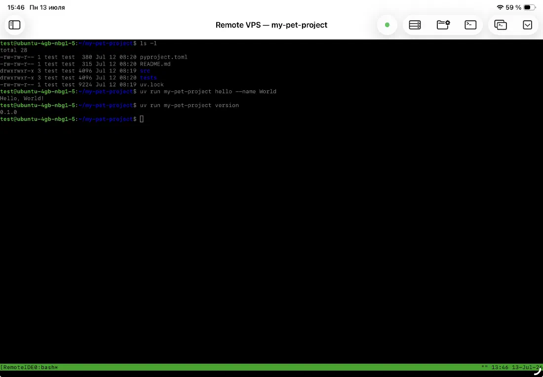 Full-screen SSH terminal running shell commands against a remote server