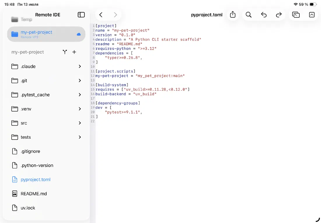 The same pyproject.toml file open in the editor in dark mode