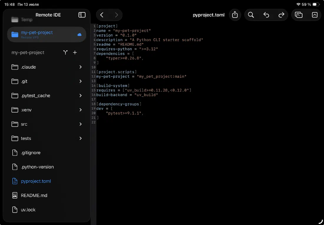 pyproject.toml open in the editor in light mode
